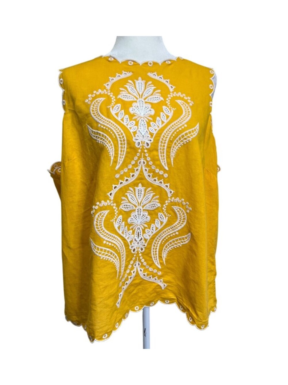 Boden Womens Size 16 Embroidered Sleeveless Top Scallop-Edge Yellow Linen Cotton